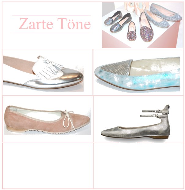 Ballerinas in zarten Farben und schimmernden Metallicoberlächen von oben nach unten: Links Clarks, Chia / rechts kmb, Tamaris